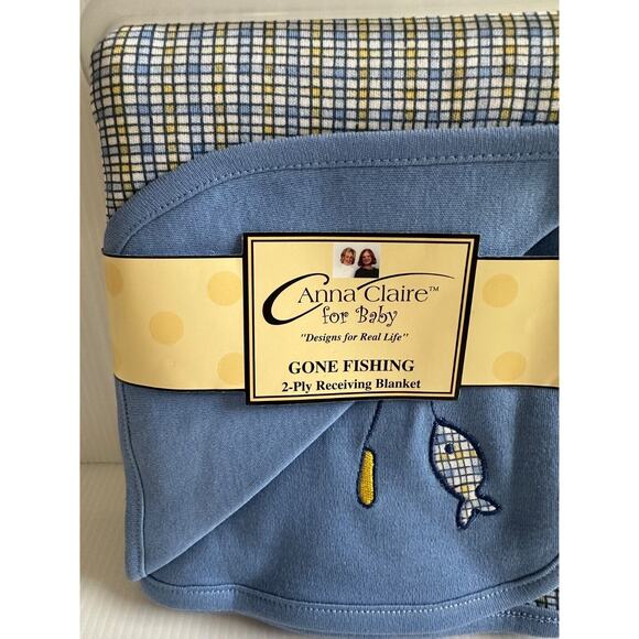 Anna Claire Baby Blanket GONE FISHING Blue Swaddle Security Lovey Plaid Fish NEW - Picture 2 of 3